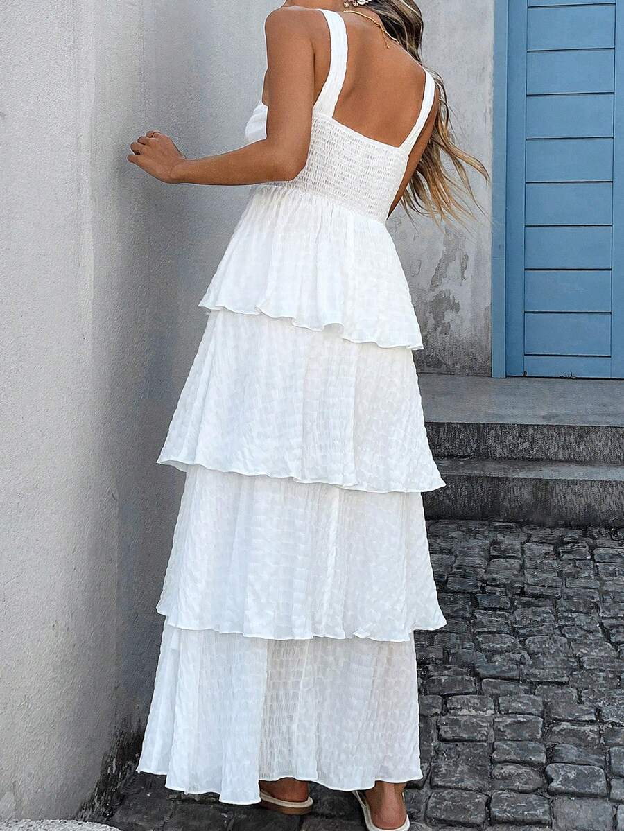 Plus Size Women's Solid Color Spaghetti Strap Ruffle Hem Dress Casual Vacation Style Wedding Guest Outfit Summer Elegant Fashion Wear