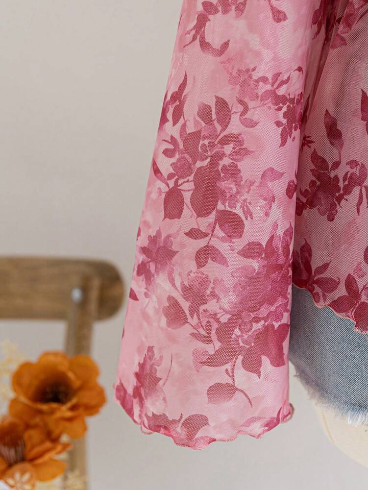 Plus Size Women's Floral Print Mesh Cardigan With Cinched Waist Bell Sleeve Casual Vacation Outfit Fall Winter Holiday Clothing Fashion