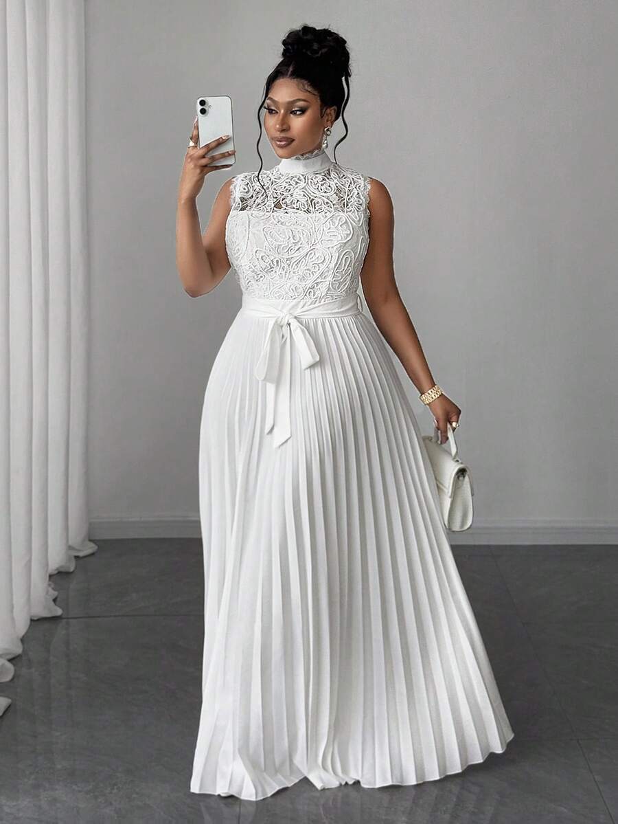 Plus Size Women's Contrast Lace Sleeveless Dress Pleated Hem Elegant Waist Casual Summer Evening Party Wear Clothing Vacation Style
