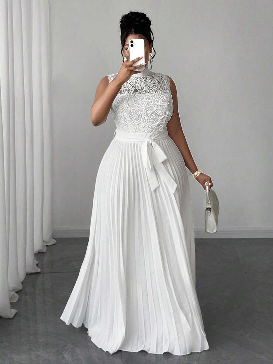 Plus Size Women's Contrast Lace Sleeveless Dress Pleated Hem Elegant Waist Casual Summer Evening Party Wear Clothing Vacation Style